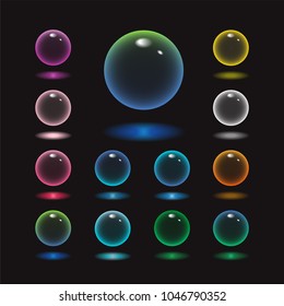 Vector rund glass sphere icons set of 13 colors - transparent soft pastel colored bubbles collection on demonstrative black background