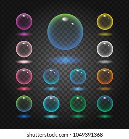 Vector rund glass sphere icons set of 13 colors - transparent soft pastel colored bubbles collection on demonstrative gray grid