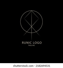 Vector runic logo of geometric elements, rune odal, gebo, teivaz. Sacred round symbol of leadership, victory, useful connections and good luck. Emblem for design, esoteric, tattoo, astrology, yoga