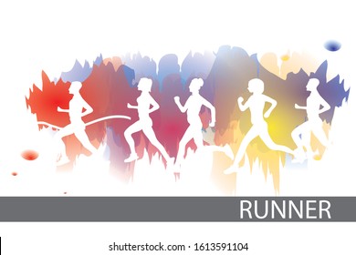 vector runner character  watercolor background.finish line.city run