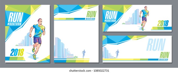 Vector runner marathon city skyscrapers design cover template banner corporate style sign character