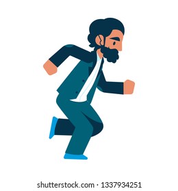 Vector running businessman in suit with beard. Male manager in corporate outfit in a hurry, dashing to an appointment or meeting. Time management and business people. Isolated illustration