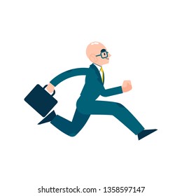 Vector running businessman in suit, glasses with suitcase. Male manager in corporate outfit in a hurry, dashing to an appointment or meeting. Time management and business people. Isolated illustration