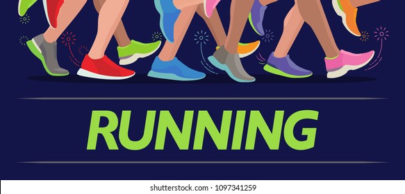 Vector Running feet of a massive marathon run start silhouette design template banner website