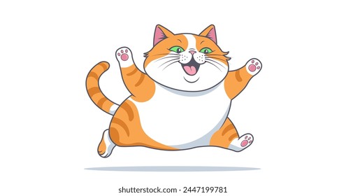 Vector running funny cheerful smiling cartoon cute plump good puss. Sweet friendly chubby pet. Cat sticker.