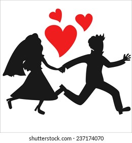 Vector running holding hands just married couple silhouettes with hearts. Wedding couple silhouettes