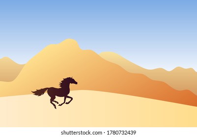 Vector running horse silhouette in colored flat landscape with sand and mountains