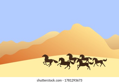 Vektor-Laufpferde Silhouette in farbiger flacher Landschaft mit Sand und Bergen