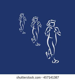 Vector running illustration on white background. Hand drawn line art sketch. Sport theme.