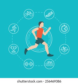 Vector running and jogging infographics concept in flat style with linear icons