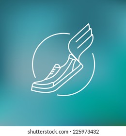 Vector running logo in outline style - running shoe with wing - marathon emblem