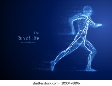 Vector running man constructed with blue lines and flowing particles. Concept of speed and progress in motion. Intricated human silhouette.