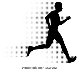 Vector Running Man & Halftone Trail. Silhouette Of A Healthy Man Running At Great Speed With An Abstract Halftone Trail Following Behind Him.  Black And White Illustration (gradient Free).