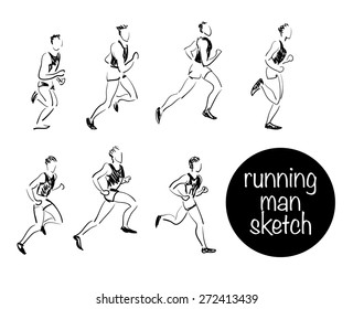 Vector running man hand drawn sketch isolated on white background. Black stroke. Health lifestyle. Sport athlete silhouette. Ink drawing. Sportsman. Running man. Human figure sketch.