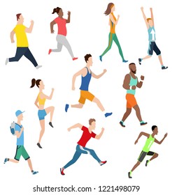 Vector running man and women in flat design style. Sport. Run. Active fitness. Exercise and athlete. Variety of sport movements. Flat cartoon style. Side view. Simple design.