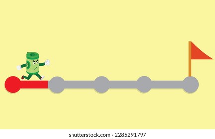 A vector of running money on financial achievement indicator with flag. Financial goal and achievement concept.