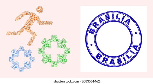 Vector running patient on gears icon collage is constructed from randomized self running patient on gears parts. Brasilia dirty blue round seal imitation.