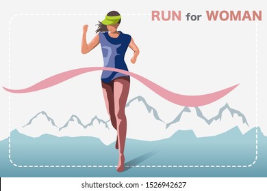 vector of running trail woman hit finisher ribbon with mountain symbol in the background