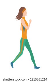 Vector running women in flat design style. Sport. Run. Active fitness. Exercise and athlete. Variety of sport movements. Flat cartoon style. Side view. Simple design.