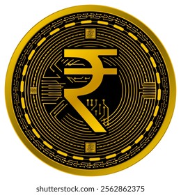 Vector of Rupee , Indian rupees Digital Currency in gold and black colors on a white background.