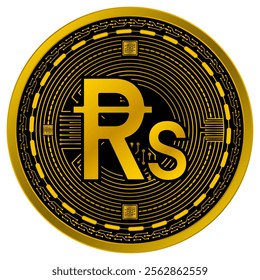 Vector of Rupee pakistan Digital Currency in gold and black colors on a white background.