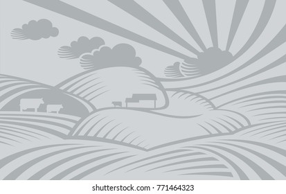 Vector rural countryside landscape grey illustration in engraving style