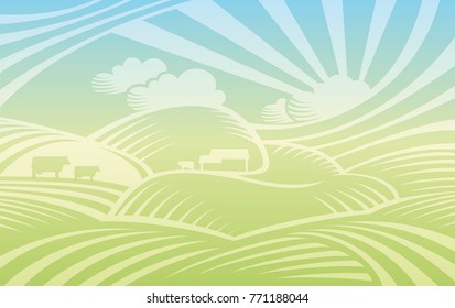 Vector rural countryside landscape illustration in engraving style