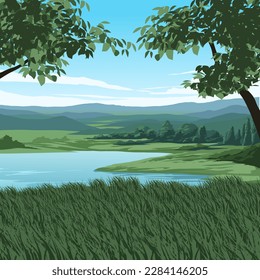 Vector rural countryside landscape with lake and mountain in the background
