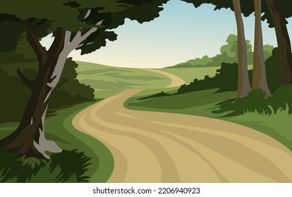 Vector rural forest nature landscape with road and meadow