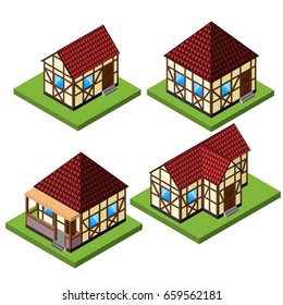 Vector rural isometric house collection in timber framing style. Old European fachwerk style buildings.