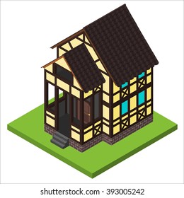 Vector rural isometric house in timber framing style. Old European fachwerk style building.