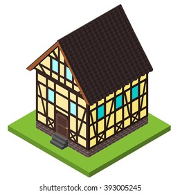 Vector rural isometric house in timber framing style. Old European fachwerk style building.