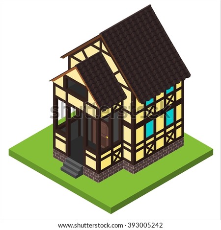 Vector rural isometric house in timber framing style. Old European fachwerk style building.