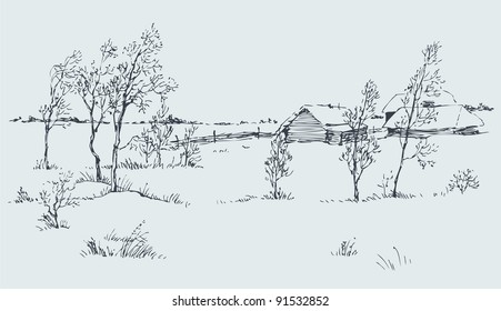 Vector rural landscape. A cold winter day on the snow-covered huts and field