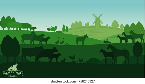 Vector rural landscape with farm animals and windmill