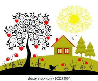 vector rural landscape with heart tree and heart flowers