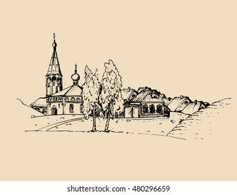 Vector rural landscape illustration. Hand drawn russian countryside or farmland. Sketch of  village with church, birches and peasant's houses. 