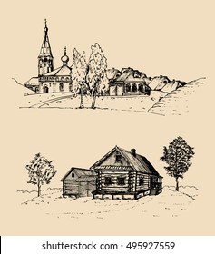 Vector rural landscape illustrations set. Hand drawn russian countryside or farmland. Sketches of  village with church,birches and peasant's houses. 