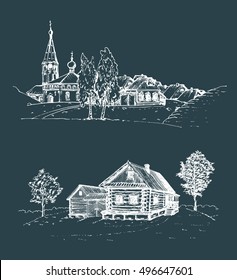 Vector rural landscape illustrations set. Hand drawn russian countryside or farmland. Sketches of village with church, birches and peasant's houses. 