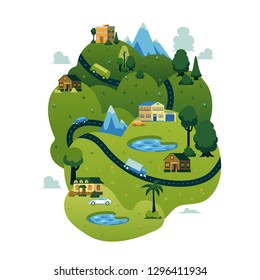 Vector Rural Landscape Scenery Icon With Road Path Through Green Fileds With Lakes, Farm Houses With Cars, Forest Trees And Mountains. Map Design Construcion Element. Spring, Summer Countryside.