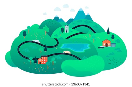 Vector rural landscape scenery icon with road path through green fileds with lakes, farm houses, forest trees and mountains. Map design construcion element. Spring, summer countryside.