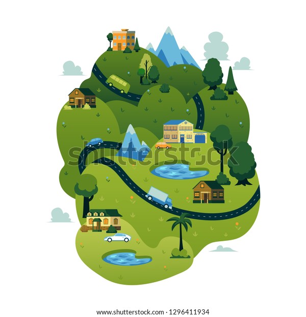 Vector rural landscape scenery icon with\
road path through green fileds with lakes, farm houses with cars,\
forest trees and mountains. Map design construcion element. Spring,\
summer countryside.