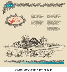 Vector rural landscape. Vintage design postcard template.
