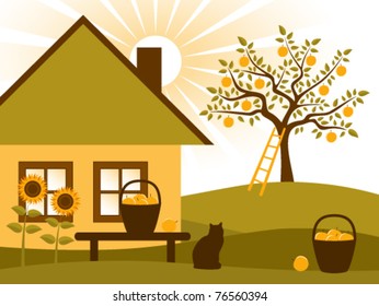 vector rural scene with cottage and apple tree