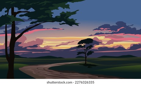 Vector rural sunset landscape illustration with road and trees