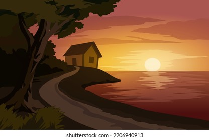 Vector rural sunset landscape with road, house and lake