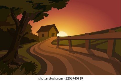 Vector paisaje de atardecer rural con carretera y casa