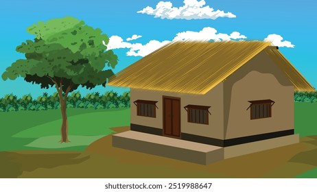 Vector of Rural Village House on a Country Road with Trees, Bushes, and Fence - Scenic Countryside home Illustration

