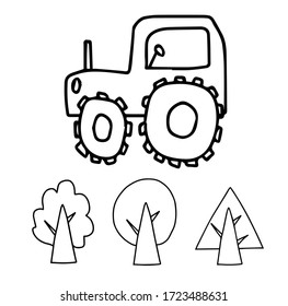 Vector rural-economic transport with a black line on a white background. Children 's illustration of tractor and trees. Design for colors, cards, packages, prints, web, social networks, wallpaper.