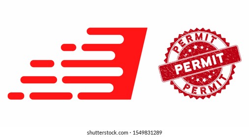 Vector rush effect icon and grunge round stamp seal with Permit caption. Flat rush effect icon is isolated on a white background. Permit stamp seal uses red color and grunged surface.
